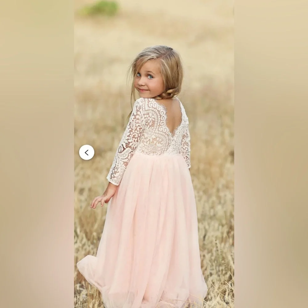 Girls White Lace‎ and Pink Tulle Long Sleeve Flower Girl Special Occasion Dress